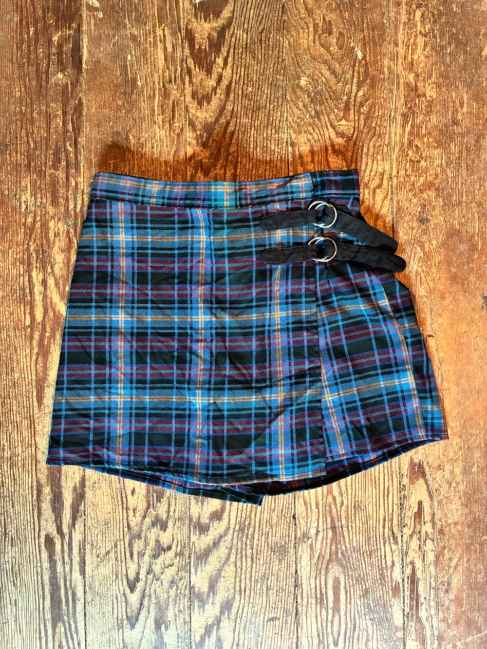 SO Blue and Black Plaid Mini Skort with Double Buckle Straps